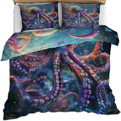 3D Octopus Duvet Cover Oversized King Ocean Colorful Octopus Bedding Set 3 Piece Bedroom Decor Marine Animal Patterned Comforter Cover with Zipper Ties & 2 Pillowcases