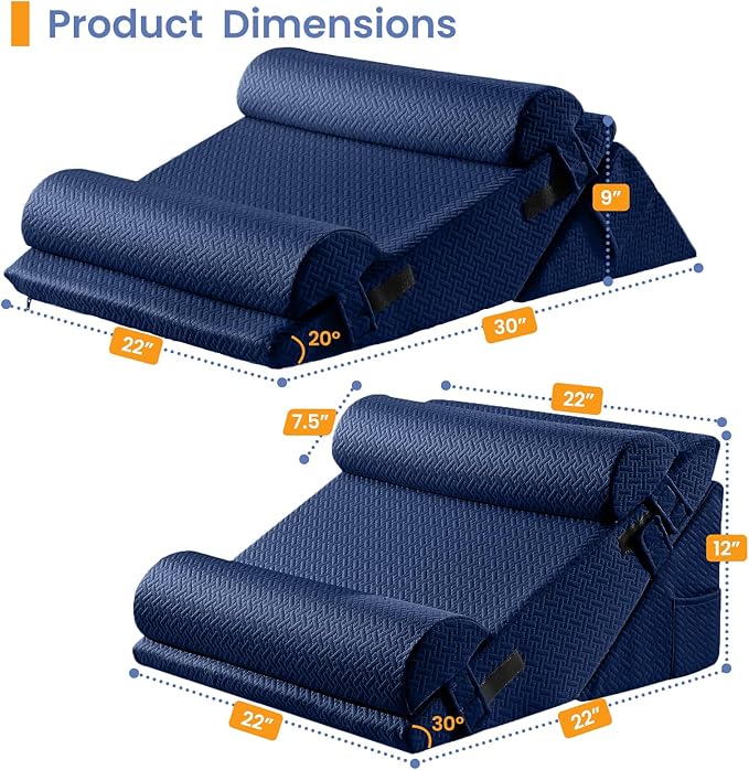 Sasttie Wedge Pillow Set for After Surgery, 3PCS Adjustable Bed Wedge Pillow Headboard with Memory Foam Neck Cushion – for Acid Reflux, Sleeping, Neck & Back Support, Navy