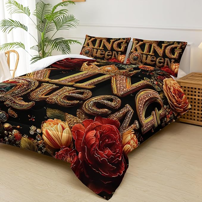 King and Queen Comforter Set Black and Gold，King and Queen Bedding Set，Red Floral Quilt Set Queen Size，with 1 Comforter with 2 Pillow Case