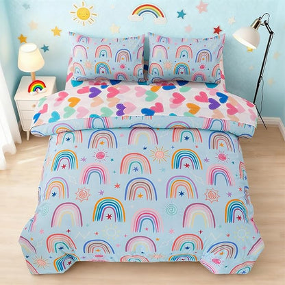 Holawakaka Boho Rainbow Full Comforter Set with Sheets, 5-Piece Bohemian Love Heart Star Bedding Set for Girls & Women - Super Soft Microfiber Kids Teen-Girls Full Size Blue Reversible Bed in A Bag