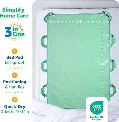 Improvia Positioning Bed Pad, with 8 Reinforced Handles, Quick-Drying, Washable, Waterproof, for Lifting, Turning, Transfering, Elderly and Incontinence Patients (Green, 34" x 52" - Pack of 1)
