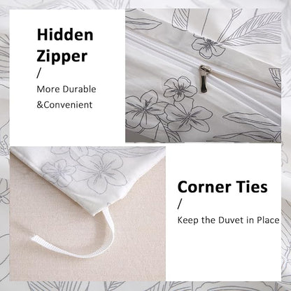 100% Cotton Floral Duvet Cover Set King Size Ultra Soft Breathable Grey Floral and Leaf Comforter Cover Set 3 Pcs All Season Cozy Floral Bed Cover with Zipper Closure