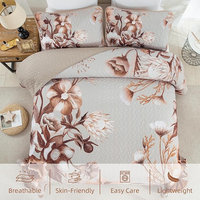 Khaki Floral Quilt Set Queen 3 Pieces Boho Flower Quilt Coverlet Set Soft Microfiber Lightweight Floral Quilted Bedspread with 2 Pillow Shams for All Season 90"x96"