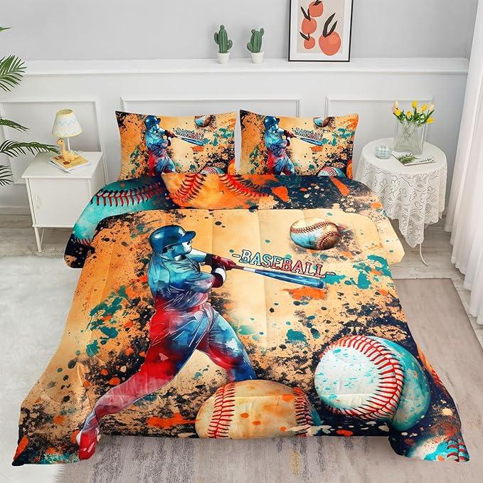 Kids Comforter Set Trend Baseball Printed Pattern Bedding Set with 1 Comforter and 2 Pillowcases for Girls Boys Bedroom All Season(Trend Baseball Queen)