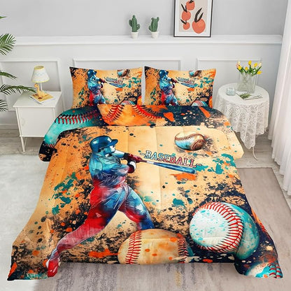 Kids Comforter Set Trend Baseball Printed Pattern Bedding Set with 1 Comforter and 2 Pillowcases for Girls Boys Bedroom All Season(Trend Baseball Queen)