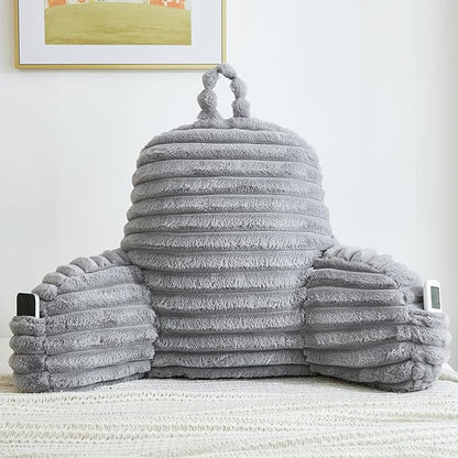 Faux Fur Fluffy Gray Reading Pillow with Pockets, Luxury Striped Plush Decorative, Arm Rests and Back Support for Bed Rest, Lounging on Sofa, Extra Large Size for Adult.