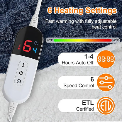 Electric Heated Throw Blanket - Jacquard Checkered Sherpa 50"x60" Fast Heating Bed Blankets with 6 Heating Levels & 4 Hours Auto Off, Over-Heat Protection ETL, Navy Blue