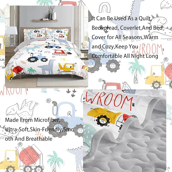 AILONEN Cartoon Dinosaur Quilt Set Twin Size, 3-Piece Dino & Construction Excavator Bedspread Coverlet Set,Soft Microfiber with 2 Pillowcases for Kids Girls