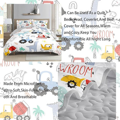 AILONEN Cartoon Dinosaur Quilt Set Twin Size, 3-Piece Dino & Construction Excavator Bedspread Coverlet Set,Soft Microfiber with 2 Pillowcases for Kids Girls