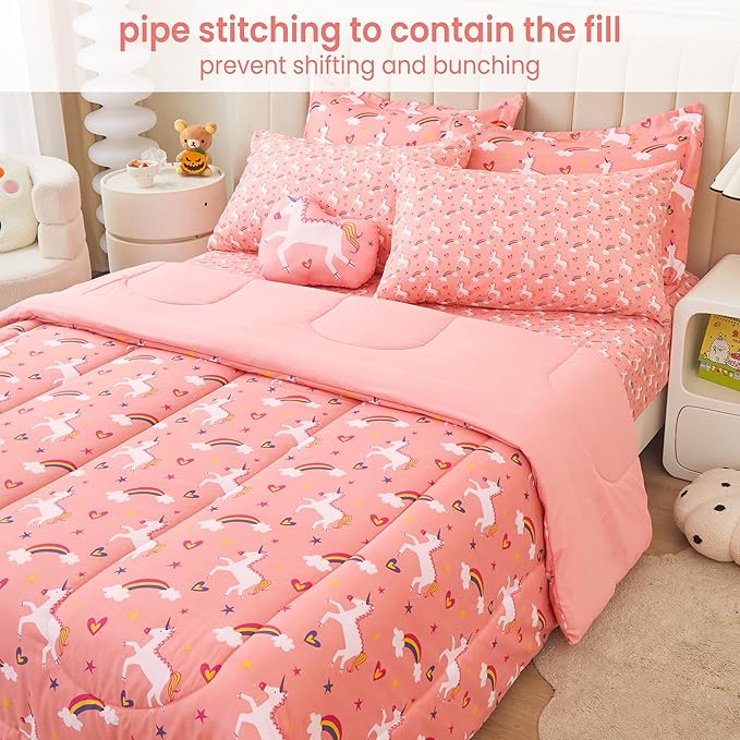 Mooreeke Twin Size Comforter Sets for Girls Kids, 6 Pieces Bed in a Bag Pink Unicorn Rainbow Bedding Comforter Sheet Set with Shams and Decorative Toy Pillow, Ultral Soft Microfiber Kids Bed Set