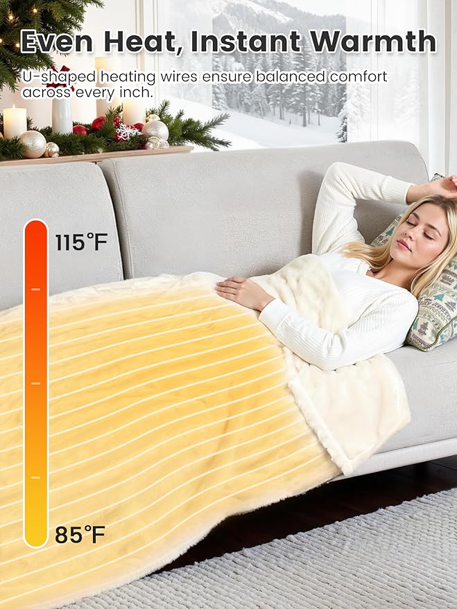 WOOMER Heated Blanket Throw 50" x 60", Electric Blanket Throw with 4 Heating Levels & 4H Auto Off, ETL Certified, White Double-Sided Velvet, Over-Heat Protect, Machine Washable