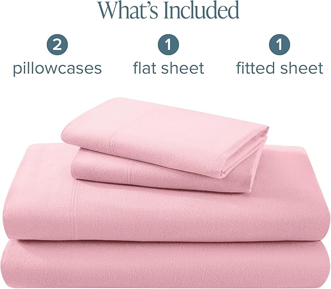 Bare Home Flannel Sheet Set 100% Cotton, Velvety Soft Heavyweight - Double Brushed Flannel - Deep Pocket (Queen, Light Pink)