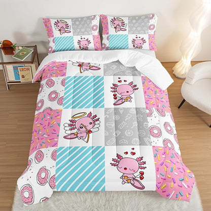 Pink Comforter King Size, Cute Cartoon Axolotl Bedding Set Donut Dessert Pattern, Lovely Style Comforter Set with 2 Pillowcases