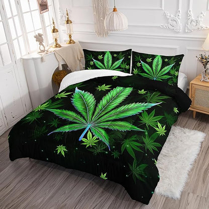 Green Marijuana Leaf Themed Comforter 3Pcs Full Bright Weed Leaves Herb Botanical Bedding Set for Kid Teen Girl Boy Adult Room Decor Cannabis Leaves Quilt with 1 Comforter and 2 Pillowcases