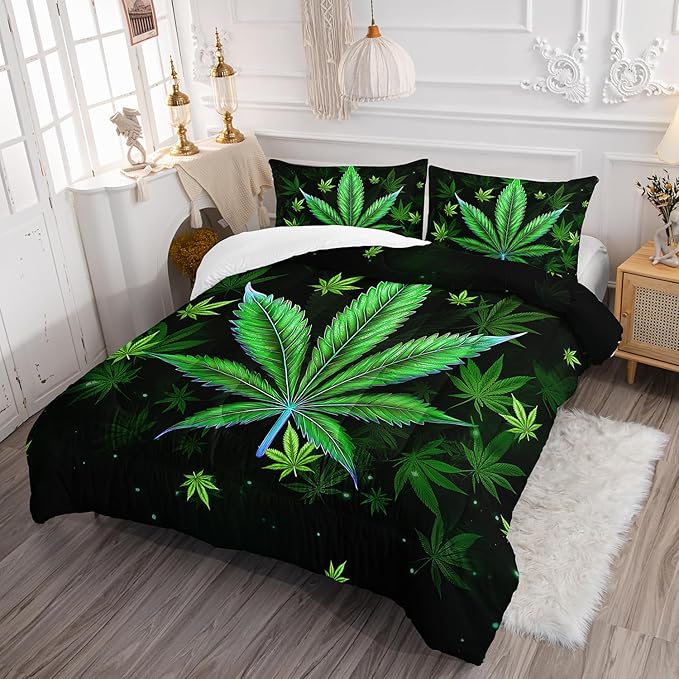 Green Marijuana Leaf Themed Comforter 3Pcs Queen Bright Weed Leaves Herb Botanical Bedding Set for Kid Teen Girl Boy Adult Room Decor Cannabis Leaves Quilt with 1 Comforter and 2 Pillowcases