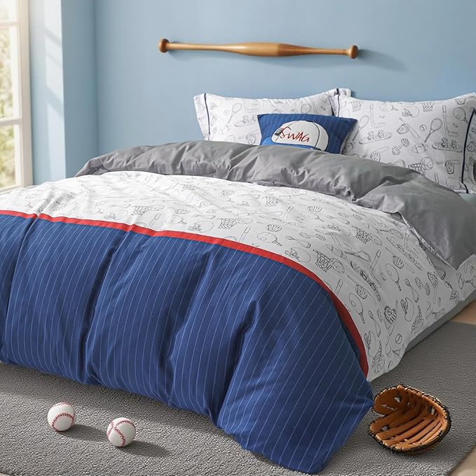 Simple&Opulence 100% Organic Cotton Duvet Cover for Kids Teens, 4 Pieces Soft Comforter Cover with Zipper Closure Cool Boy Girl Baseball Bedding Set - Sports, Full/Queen