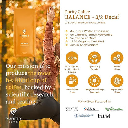 Purity Coffee BALANCE 2/3 Decaf Medium Roast Whole Bean Coffee (5lb Bag) - Specialty-Grade Mountain Water Processed Decaf + Regular Arabica Blend- USDA Certified Organic Decaffeinated - Third Party Tested for Mold, Mycotoxins, Pesticide Residue