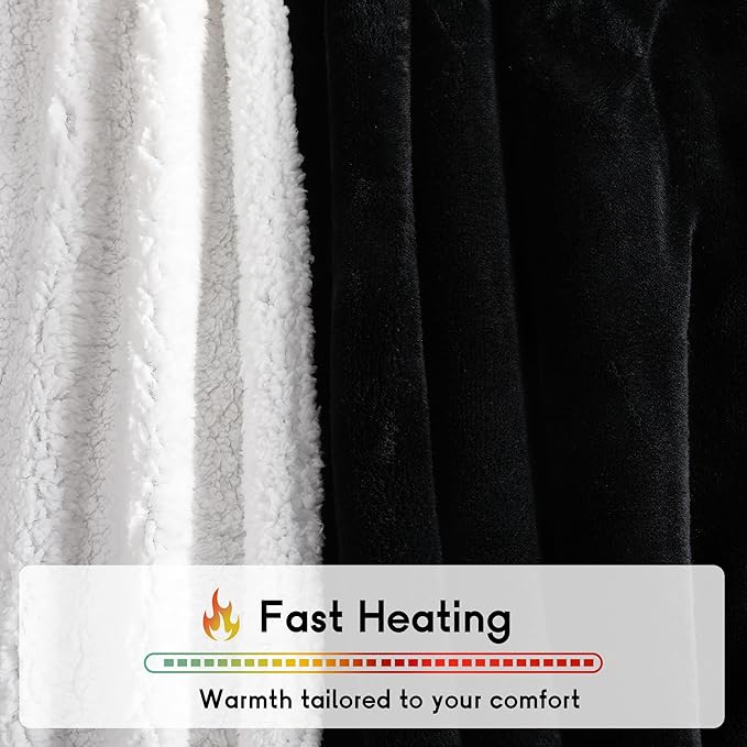Heated Blanket Electric Throw 50''x60'', 3 Hour Auto Shut-Off 5 Heating Levels Small Warm Soft Flannel Electric Blanket Machine Washable - Black