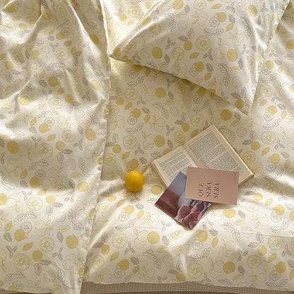 AOJIM Aesthetic Fruit Pattern Duvet Cover Set for Kids Adults, Super Soft 100% Cotton Comforter Cover Set 3pcs, 1 Yellow Lemon Quilt Cover King Size and 2 Matching Pillowcases for Room Decor, No Quilt