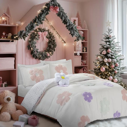 Intelligent Design Kids Twin Comforter Set for Girls, Tufted Chenille Floral, Lightweight Polka Dot Comforter Reversible Bed Set, Sham, Pillow, Gracie, Twin White/Purple 3 Piece