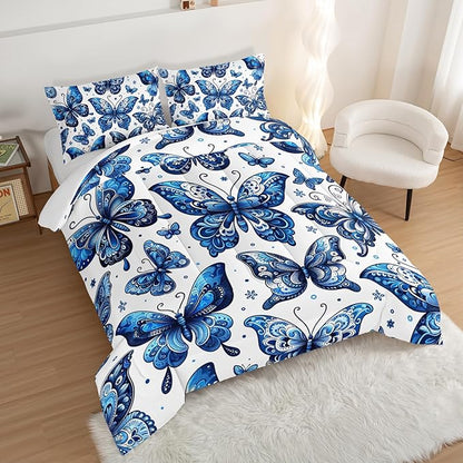 Blue Butterfly Comforter Bedding Set Twin Size,Bohemian Style Blue Series Bedding for Kids Girls Boys,Insect Themed Children's Bedding Soft Fluffy Comforter Sets with 2 Pillowcases.