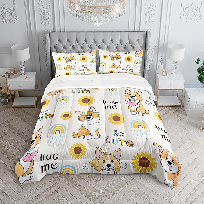 Kawaii Cartoon Corgi Dog Animal Themed Comforter 3Pcs Full Yellow Sunflower Rainbow Bedding Set for Kid Teen Girl Boy Adult So Cute Pet Dog Quilt Bed Decor with 1 Comforter and 2 Pillowcases
