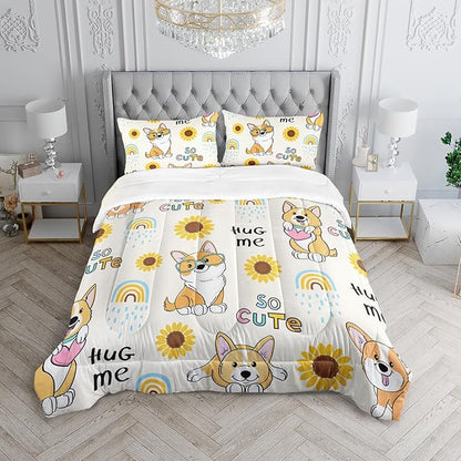 Kawaii Cartoon Corgi Dog Animal Themed Comforter 3Pcs Twin Yellow Sunflower Rainbow Bedding Set for Kid Teen Girl Boy Adult So Cute Pet Dog Quilt Bed Decor with 1 Comforter and 2 Pillowcases