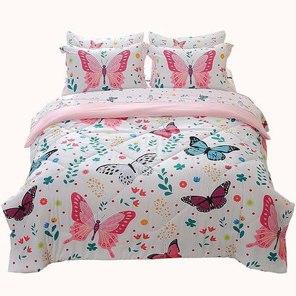 Wajade Queen Size Butterfly Comforter Set for Girls Kids Bedding Sets for Girls 7 Pieces Bed in a Bag Colorful Butterflies Flower Leaves Bedding Set All Season Lightweight