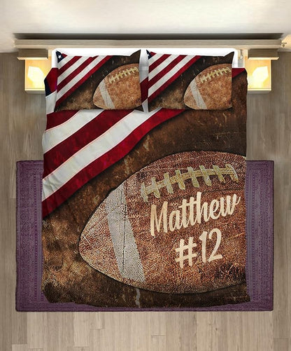 Personalized American Football Bedding Set, Kids 3 Piece Duvet Cover Set with Pillow Shams for Teens Boys, NO Comforter, Twin Size for Rugby Lovers (Football 03)