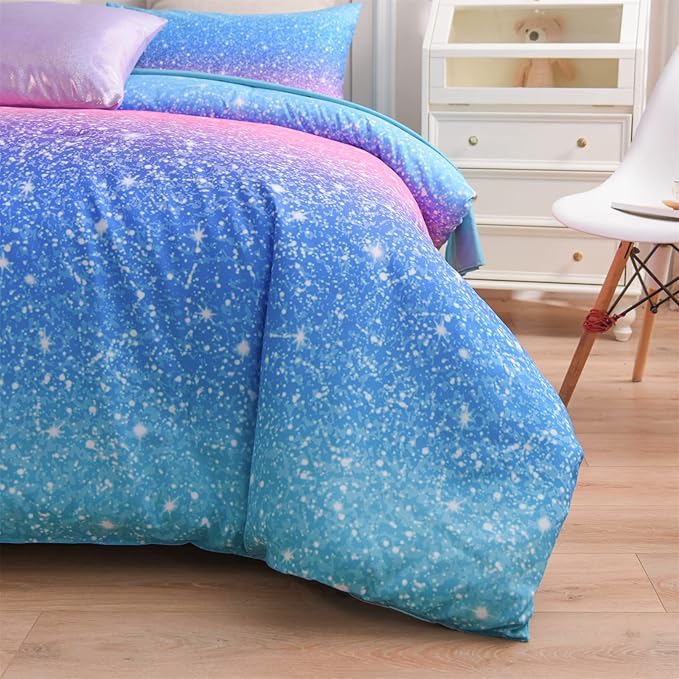 A Nice Night 6Pcs Gradient Glitter Bedding Set for Girls Twin Size, Colorful Rainbow Galaxy Comforter Set, Ultra Soft Bedding Sets, Blue