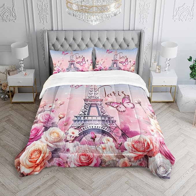 Paris Eiffel Tower Comforter 3Pcs Butterfly Bedding Full Tie-Dyed Rose Star Bedding Set for Kid Teen Girl Boy Adult Bed Decor Colorful Flora Quilt with 1 Comforter and 2 Pillowcases