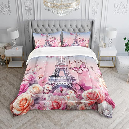 Paris Eiffel Tower Comforter 3Pcs Butterfly Bedding Queen Tie-Dyed Rose Star Bedding Set for Kid Teen Girl Boy Adult Bed Decor Colorful Flora Quilt with 1 Comforter and 2 Pillowcases
