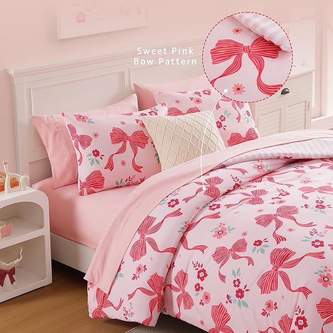 Queen Comforter Set for Girls, Pink Bow Bedding Set with Cute Floral, All Season Kids Bed in a Bag 7 Pieces with Sheets, Pillowcases & Shams