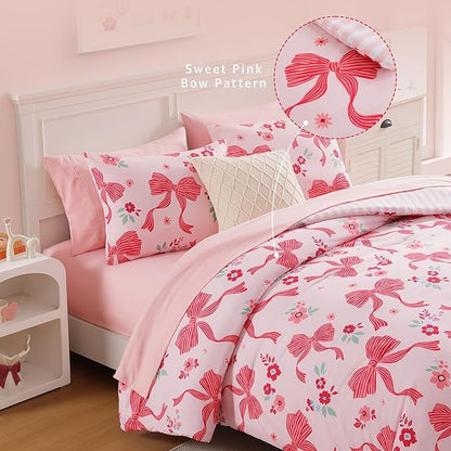 Twin XL Comforter Set for Girls, Pink Bow Bedding Set with Cute Floral, All Season Kids Dorm Bed in a Bag 5 Pieces with Sheets, Pillowcase & Sham