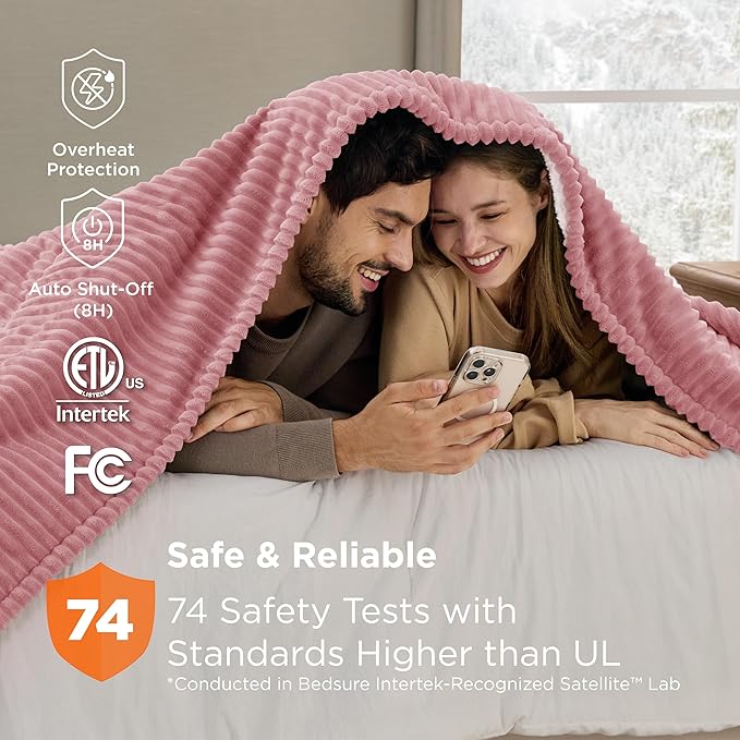 Bedsure GentleSoft Electric Blanket Queen Size - Soft Ribbed Flannel Heated Blanket with Dual Control, Heating with 10 Heat Settings, 10 Time Settings, 8 hrs Timer Auto Shut Off (84"x90", Pink)