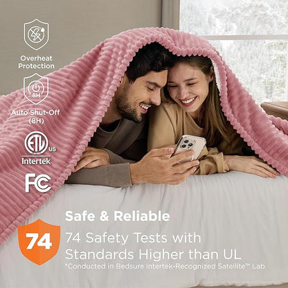 Bedsure GentleSoft Electric Blanket Queen Size - Soft Ribbed Flannel Heated Blanket with Dual Control, Heating with 10 Heat Settings, 10 Time Settings, 8 hrs Timer Auto Shut Off (84"x90", Pink)