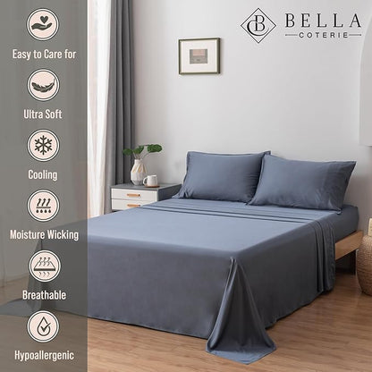 Bella Coterie Luxury Bamboo Viscose Split King Size Sheet Set | 2 Fitted Sheets for Sleep Number & Adjustable Beds | 100% Organically Grown | Cooling & Ultra Soft | 18” Deep Pocket [Slate Blue]