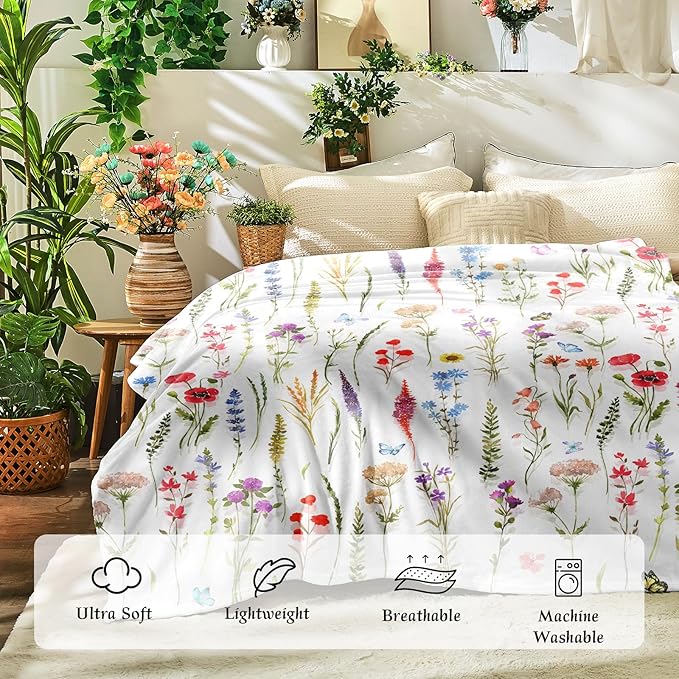 Floral Throw Blanket Birthday Gift for Women Mom Girls Colorful Flowers Blanket Summer Wildflower Flannel Blanket Watercolor Printed Throw for Couch Sofa Bed Chair 60"x80"