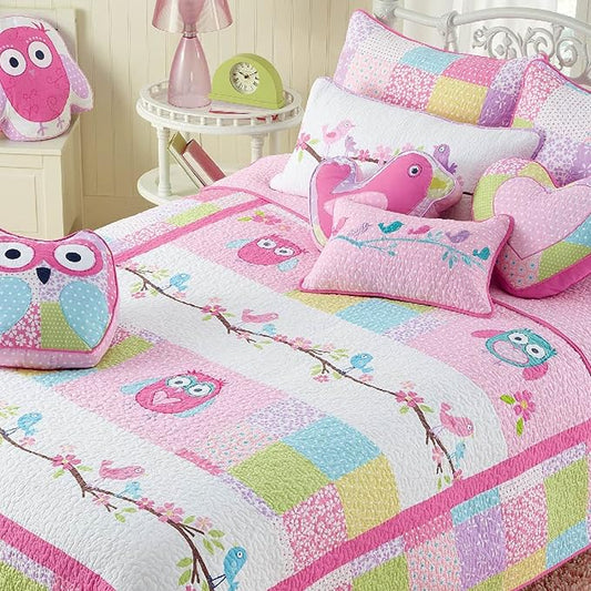 Cozy Line Home Fashions Pink Owl All Season Lightweight 100% Cotton Quilt Set with 5 Decor Pillows-Coverlet Bedding Bedspread for Kids Toddler Girls Bedroom (Owl, Queen - 8 Piece)