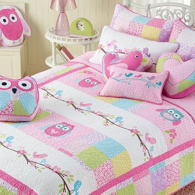 Cozy Line Home Fashions Pink Owl All Season Lightweight 100% Cotton Quilt Bedding Set, Coverlet Bedspread for Kids Toddler Girls (Queen - 3 Piece)