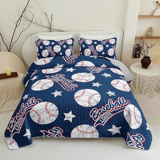 QOOMO Baseball Quilt Set Full/Queen Size,Blue Baseball Bedspread Coverlet Set,Sports 3Pcs Bedding Set Printed Quilt with 2 Pillowcases,Soft and Lightweight,for All Seasons