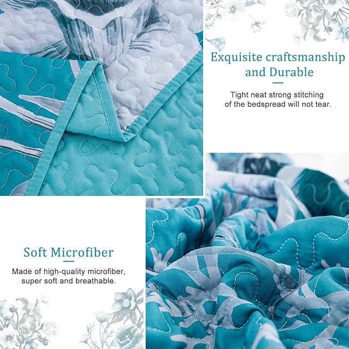 Floral Quilt Set King 3 Pieces Teal Blue Floral Quilt Coverlet Set Soft Microfiber Lightweight Teal Blue Quilted Bedspread for All Season 104"x90"