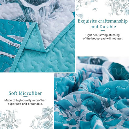 Floral Quilt Set King 3 Pieces Teal Blue Floral Quilt Coverlet Set Soft Microfiber Lightweight Teal Blue Quilted Bedspread for All Season 104"x90"