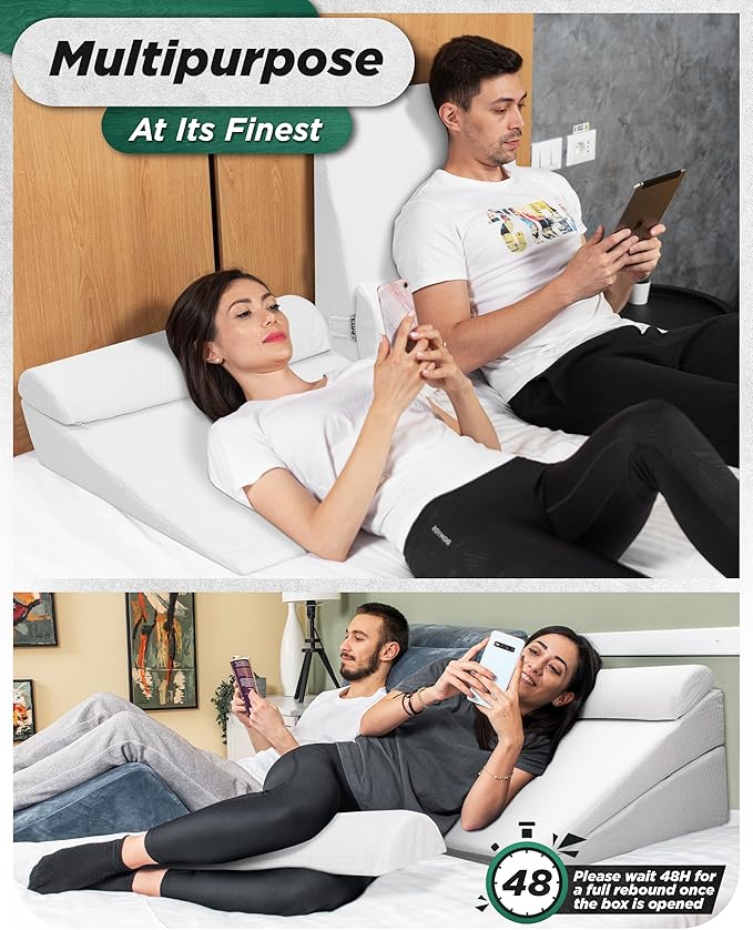 Lunix 4pcs Orthopedic Bed Wedge Pillow Set for Sleeping – Adjustable Post Surgery Back, Leg & Knee Support, Acid Reflux & GERD Relief, Memory Foam Head Pillows, with Hot/Cold Pack, White