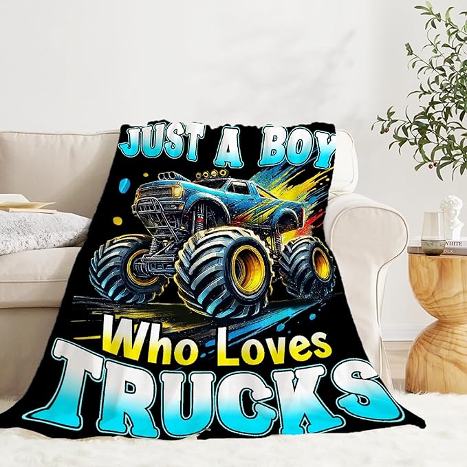 Truck Throw Blanket, Just A Boy Who Loves Trucks Flannel Blankets, Soft Cozy Lightweight Throws Gifts for Truck Lovers & Boys 120x90 Inch for Family