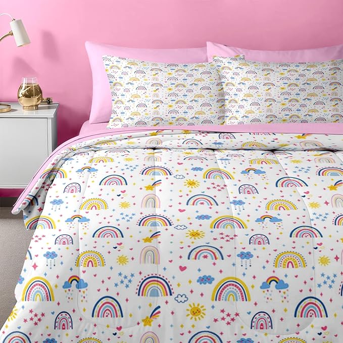 Nesker 5 Pcs Comforter Set Twin Size, Colorful Cartoon Bedding for Kids Teen, Cute Boho Rainbow Bed Sheet with Pillowcase & Sham