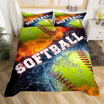 Castle Fairy 3D Softball Comforter Cover Full Size,Ice and Fire Bedding Sets for Kids Teens Adults Room Decor,Boyes Gamer Bed Sets Soft 3Pcs,Ball Sports Gaming Duvet Cover with 2 Pillowcase
