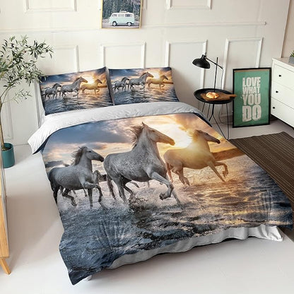 HOSIMA Comforter Cover Horse Theme Print Full Size Handsome Horse Bedding Set Queen Size for Kids Teen Girls Boys Room Decor, Twin Bedding Sets for Girls with 2 Pillowcases.