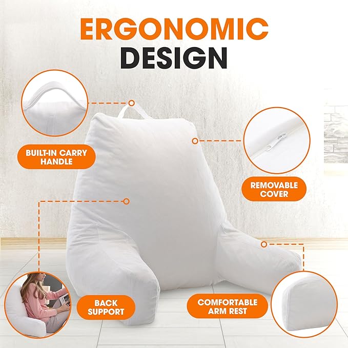 Cheer Collection Reading Pillow with Arms – Portable Bed Pillow for Sitting Up & Support, Hollow Fiber-Filled Back Rest Pillow for Sitting in Bed & Couch, Machine Washable, White