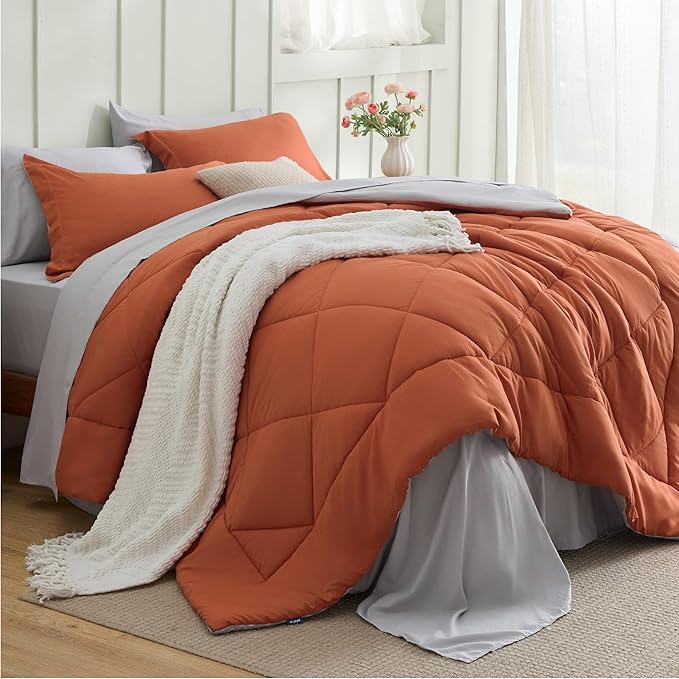 Bedsure Full Size Comforter Set - 7 Pieces Reversible Burnt Orange Bedding, Full Size Bed Set for All Seasons, Bed in a Bag with Down Alternative Comforter, Sheets, Pillowcases & Shams
